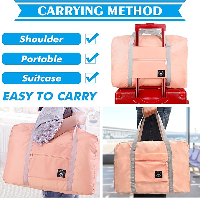 Foldable Travel Duffel Bag Tote Carry on Luggage Bag Spirit Airlines Personal item Sports Gym Bag Water Resistant Weekender Overnight Bags for Women and Men (Pink)