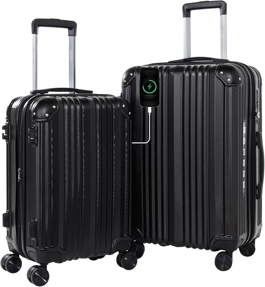 OUZZO Luggage Sets 2 Piece Expandable 20/24 Inch Suitcase with Double Spinner Wheels Lightweight ABS+PC Hardshell Travel Suitcase Sets with TSA Lock USB Port Business & Family Trips