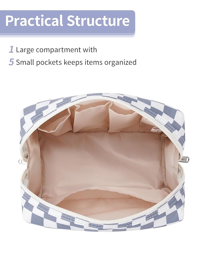 Narwey Checkered Makeup Bag Travel Cosmetic Bag Organizer Toiletry Bag Make Up Bags with Compartments for Women Girls (Large, Grayish Blue Checkerboard)