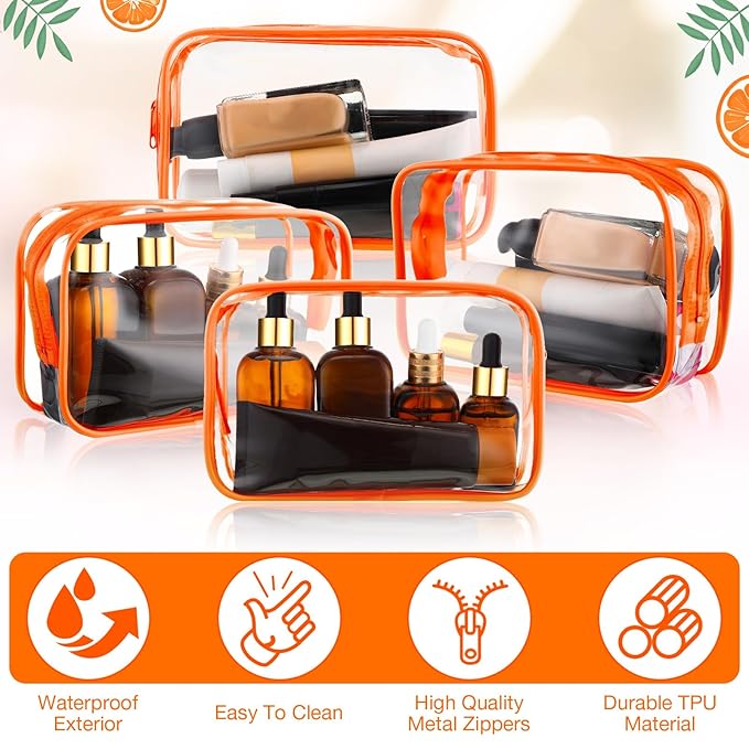 Weewooday 12 Pieces Clear Makeup Bags Cosmetic Storage Bags PVC Zipper Pouches Travel Waterproof Makeup Plastic Case for Women Organizing Toiletries Traveling Bathroom(Large,Orange)