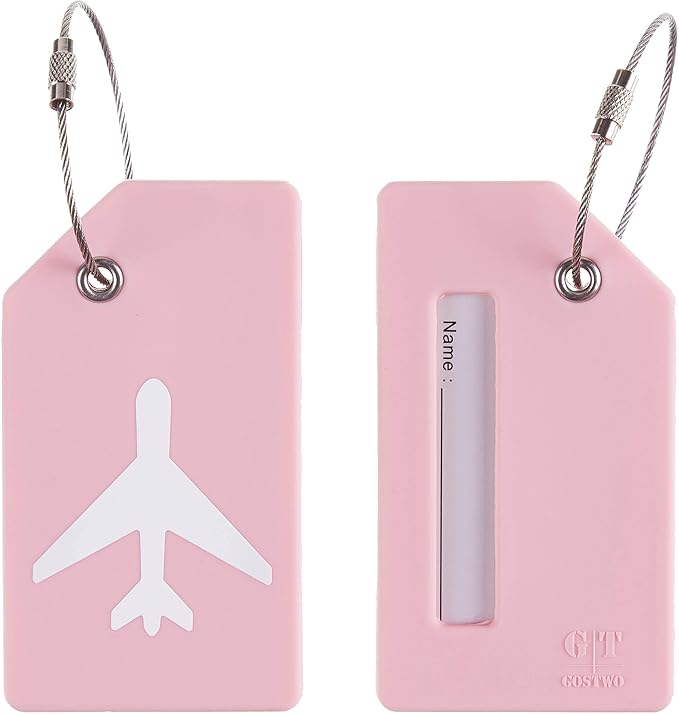 8 Pcs Luggage Tags for Suitcases, 26 Initial Letter Travel Luggage Baggage Identification Labels ID Tags Fully Bendable Tags with Stainless Steel Loop (Plane, Pink)