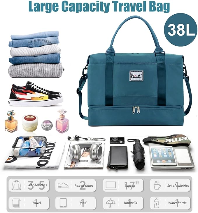 Travel Duffel Bag, Personal Item Travel Bag, Weekender Bag with Shoe Compartment & Wet Pocket, Lightweight Carry On Overnight Tote for Travel, Gym, Weekend Getaway (Peacock Blue)