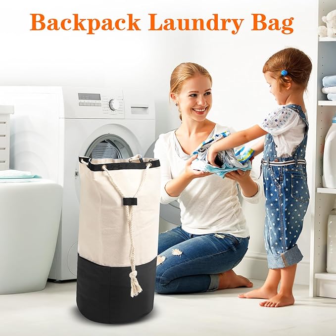 Black single-shoulder backpack-style laundry bag made of durable canvas material with a drawstring closure design, suitable for use at university, camping, laundromats, and apartments.