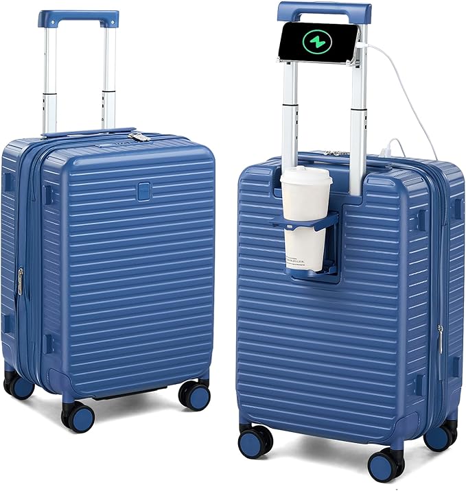 HanTrip Hard Shell Suitcases 20 Inch Carry on Luggage Airline Approved, Expandable Travel Luggage with Cup Holder Charger Built in Lightweight Small Suitcase with Wheels, Interstellar Blue