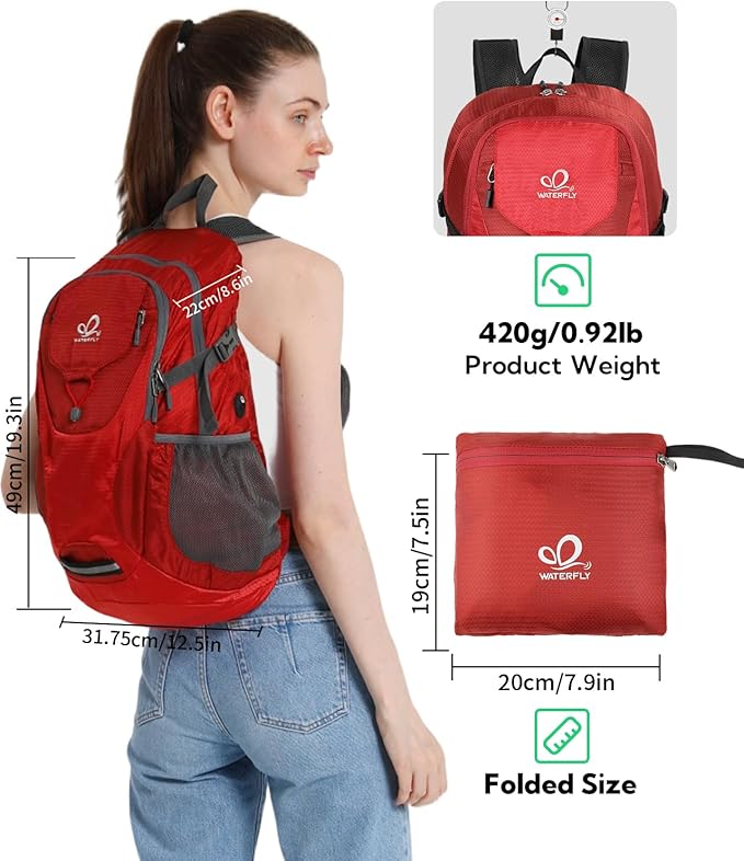 WATERFLY Lightweight Packable Hiking Backpack: 30L Foldable Travel Daypack Ultralight Camping Day Pack for Woman Man