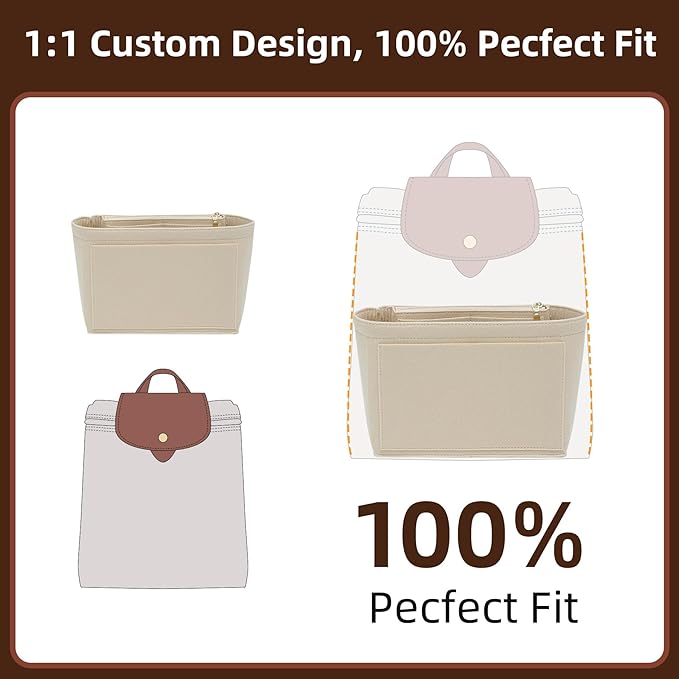 Doxo Backpack Organzier Insert Compatible with Longchamp Le Pliage Bag and More (9" L x 3.2" W x 6.7" H, Beige)
