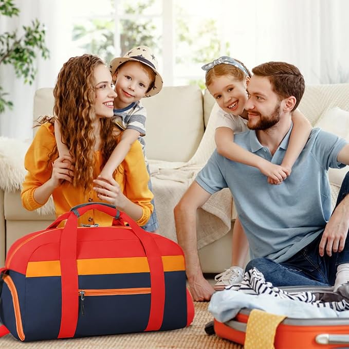 WOOMADA Kids Duffle Bag for Boys or Girls, Kids Overnight Bag with Shoe Compartment＆Wet Pocket, Ideal for School Practice, Sports, Travel(red&dark blue)