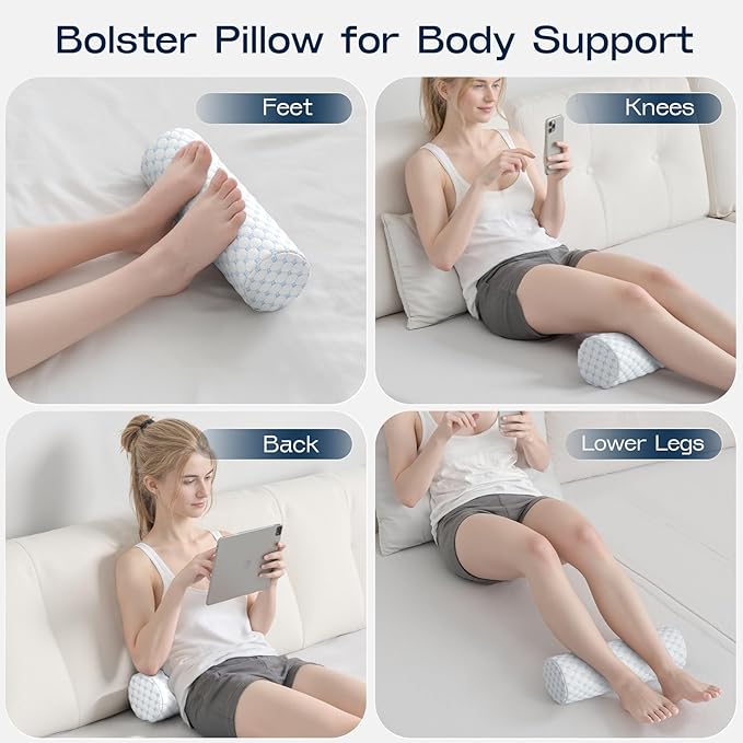 Neck Roll Pillow for Neck Pain Relief - Memory Foam Neck Support Pillow for Bed, Cylinder Pillows, Round Neck Pillow for Sleeping, 15.7 * 5 * 5 inch (Cool-Blue)