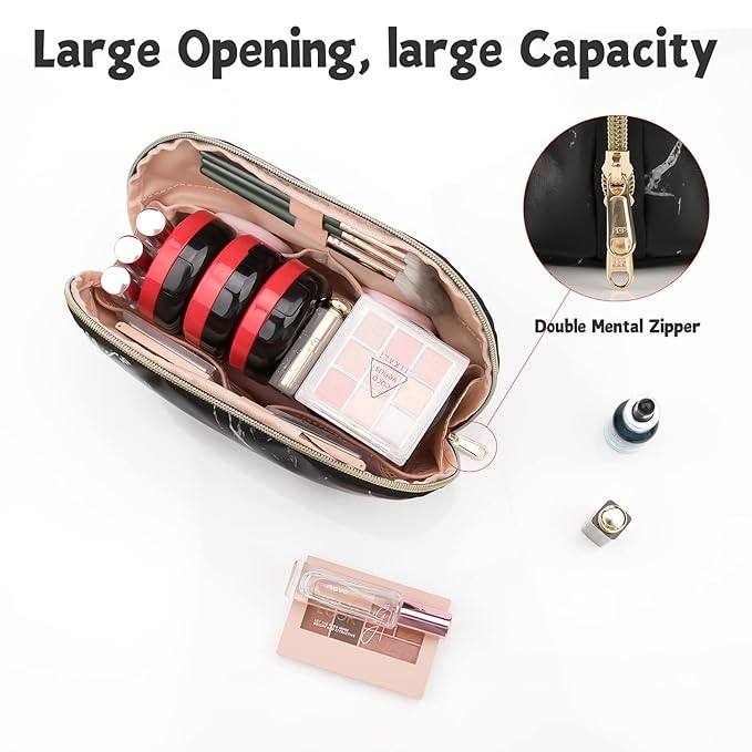Ethereal Large Cosmetic Bag, Marble Black Travel Makeup Bag Waterproof Makeup Organizer Bag Portable Makeup Bag Purse Small Toiletry Bag for Women