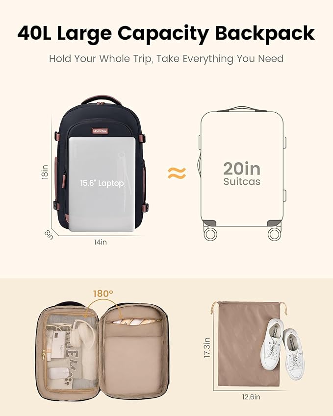 LOVEVOOK 40L Travel Backpack for Men & Women, Airline Approved Carry On Luggage, TSA Personal Item Bag fits 15.6 Inch Laptop, Waterproof Weekender Overnight Suitcase for Work, Black