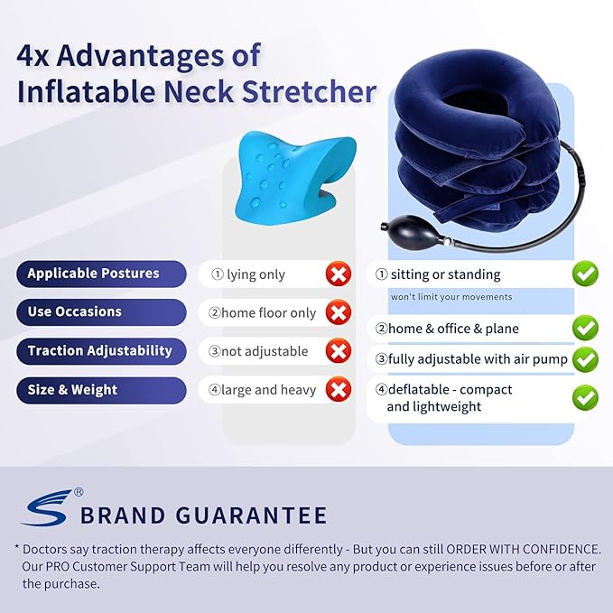 Cervical Neck Traction Device for Instant Neck Pain Relief - Inflatable & Adjustable Neck Stretcher Neck Support Brace, Best Neck Traction Pillow for Home Use Neck Decompression (Blue)