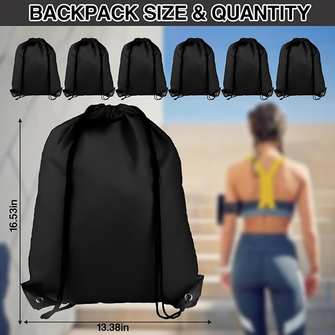 6Pcs Drawstring Backpacks, Medium, Black, Sports, Gym, Travel, Swimming, Beach
