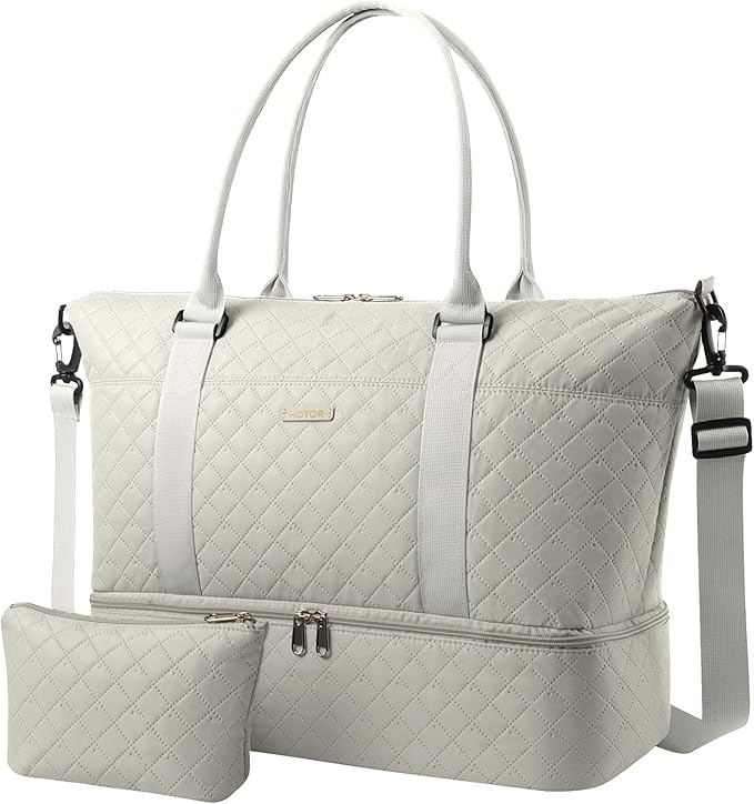 HOTOR Travel Duffel Bag - Weekender Bags for Women, Gym Tote Bags with Shoe Compartment, Carry On Overnight Bag with Toiletry Bag for Travel Essentials and Travel Accessories, Beige, 15.8"×18.1"×8.7"