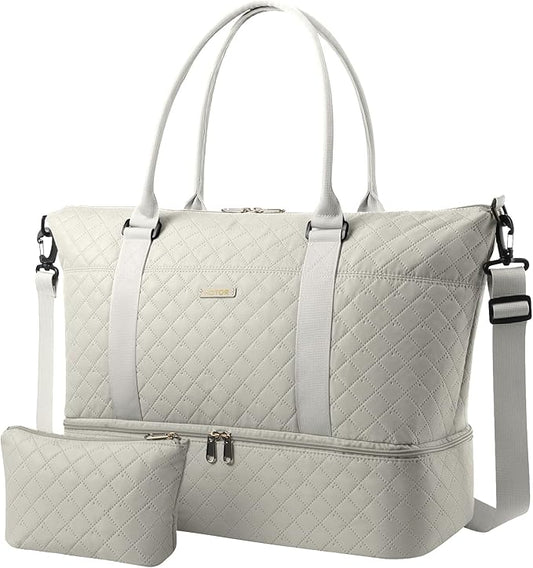 HOTOR Travel Duffel Bag - Weekender Bags for Women, Gym Tote Bags with Shoe Compartment, Carry On Overnight Bag with Toiletry Bag for Travel Essentials and Travel Accessories, Beige, 15.8"×18.1"×8.7"