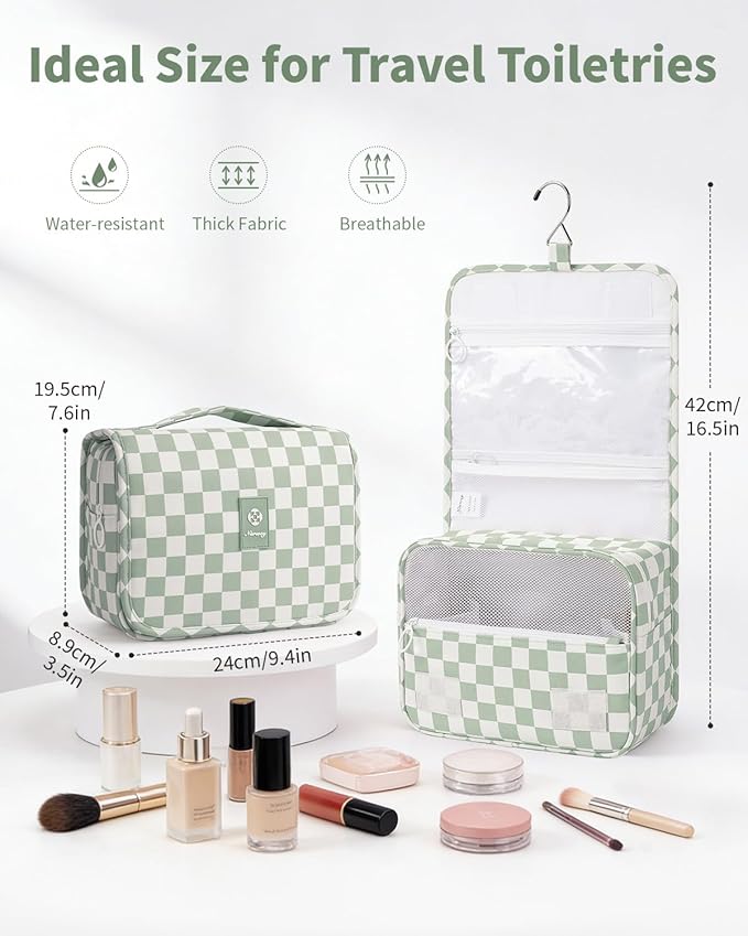 Narwey Small Hanging Travel Toiletry Bag for Traveling Women, Checkered Travel Bag for Toiletries, Makeup Bag Organizer Make Up Cosmetic Bags (Mint Green Checkerboard)