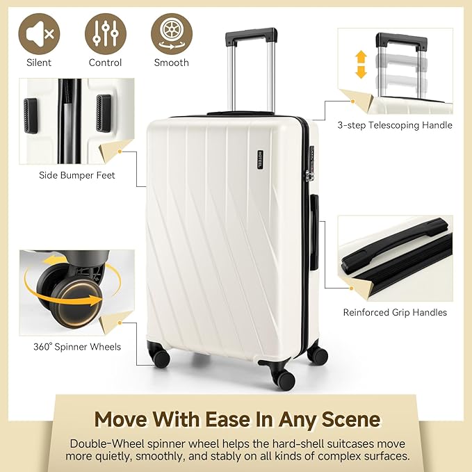 Hoteel Luggage Sets 5 Piece PC Hardside, 4-Year Warranty, Luggage Set with Spinner Wheels, TSA Lock, YKK Zipper, Lightweight Carry on Luggage, 20"/24"/28" Suitcase with Duffel & Organizer, Beige