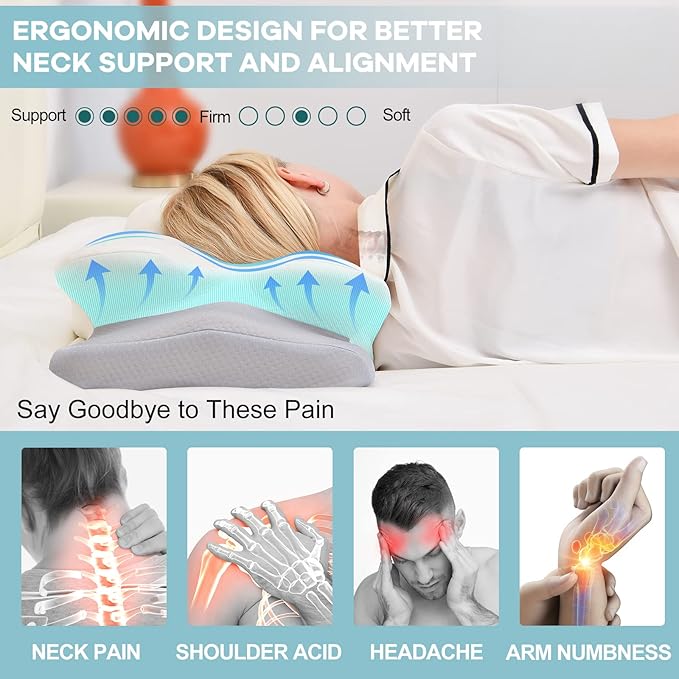 Cervical Pillow for Neck, Odorless Contour Memory Foam Pillows, Ergonomic Orthopedic Bed Pillows for Sleeping, Support Side Back Stomach Sleeper (Queen)
