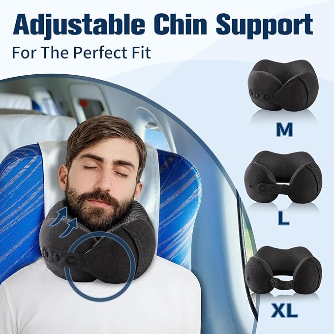 Neck Pillow for Traveling, Travel Pillows for Airplanes,100% Pure Memory Foam Travel Neck Pillow, Adjustable Flight Pillow, Portable Plane Accessories with Eye Mask, Earplugs, Carry Bag