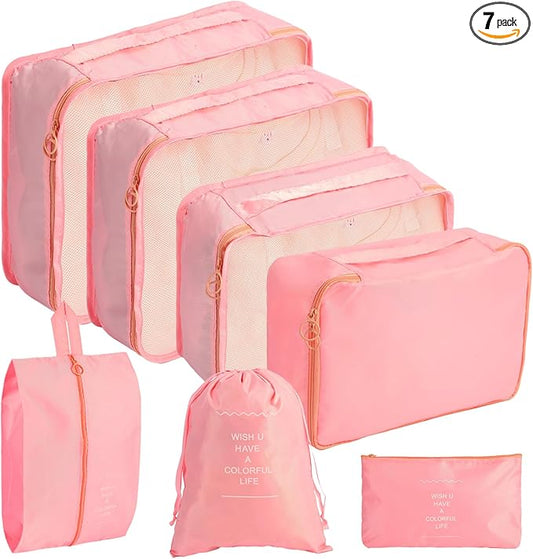 7PCS Packing Cubes for Suitcases, Travel Luggage Organizer Bags, Suitcase Organizer Bags Set for Carry on Luggage Travel Essentials, Pink