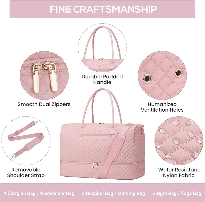 Travel Weekender Bags for Women - Large Duffle Bag with Shoe Compartment Carry On Overnight Bag with Toiletry Bag Pink Duffel Bags with Wet Pocket for Gym Hospital Bags for Labor and Delivery