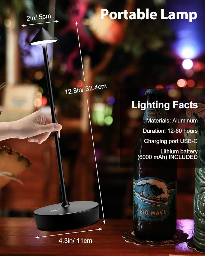 LED Cordless Table Lamp Rechargeable 6000mAh Battery Outdoor Desk Lamp | Outdoor Waterproof Portable 3 Color Touch Dimmable Table Light for Patio Restaurant Dining Home Set of 2 Black