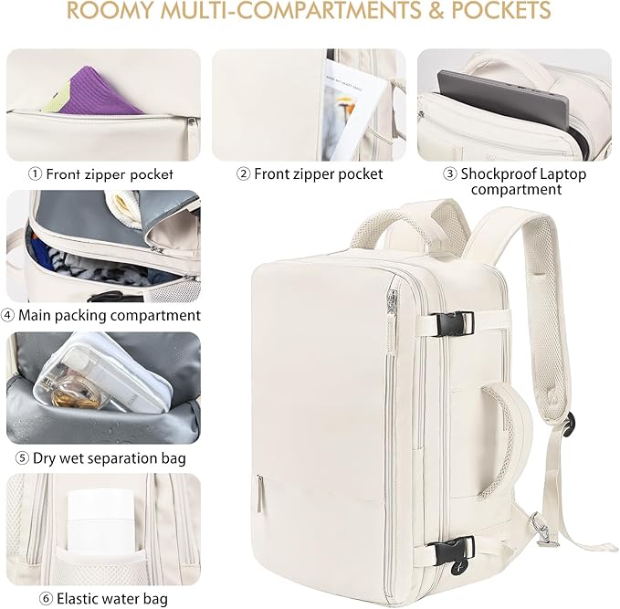 Beraliy Travel Backpack, Large Carry On Backpack, Personal Item Travel Bag, Airline Approved 17 Inch Laptop Backpack, College Weekender Business Hiking Bag, Beige
