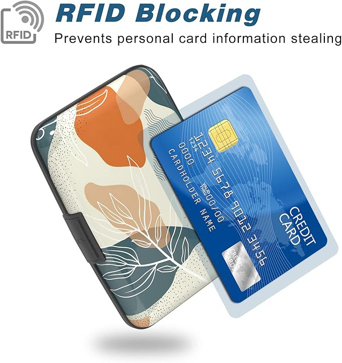 Credit Card Holder, Mini Aluminum Card Wallet RFID Blocking Slim Metal Hard Card Case for Women Men, White Leaves