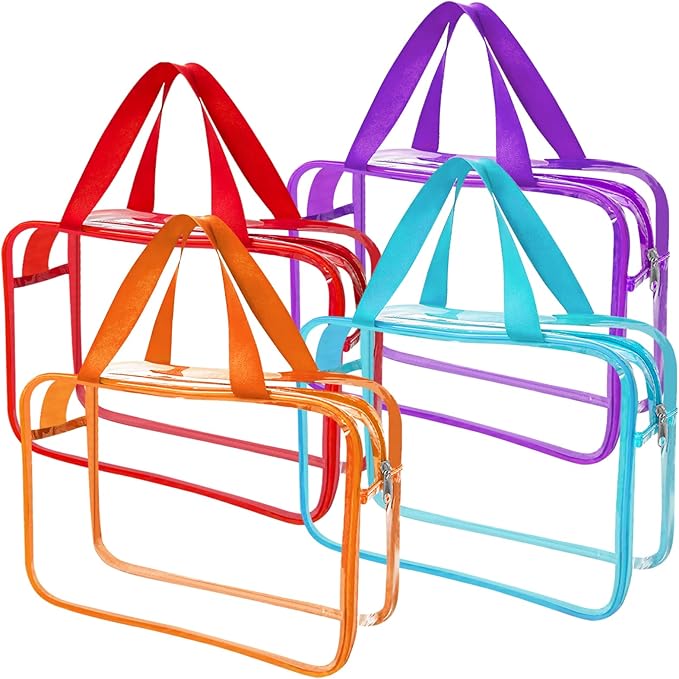 4 Packs Large Clear Makeup Bag, Waterproof Clear Comestic Toiletry Organizer Bags with Handle, Reusable PVC Storage Bags with Zipper for Travel