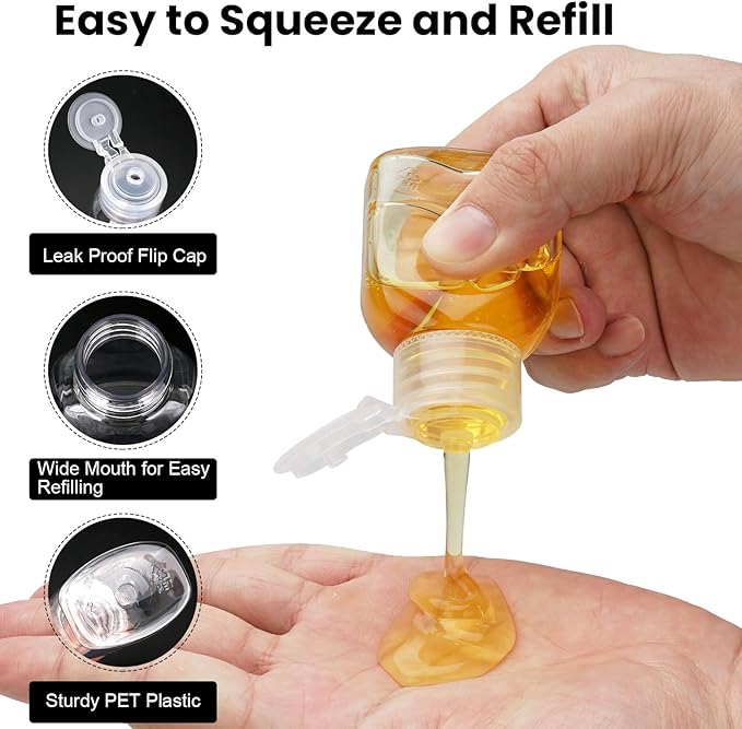 Travel Bottles for Toiletries 6 Pack 2oz/60ml Leak Proof Travel Size Toiletries TSA Approved Squeeze Bottles with Flip Cap Wide Mouth Containers for Shampoo Conditioner Body Wash(Clear)