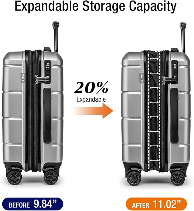 KYME Carry On Luggage 22x14x9 Airline Approved Hardshell 20 Inch with TSA Lock Carry On Suitcase with Wheels Small Travel Rolling Luggage with Cup Holder for Women Men Silver
