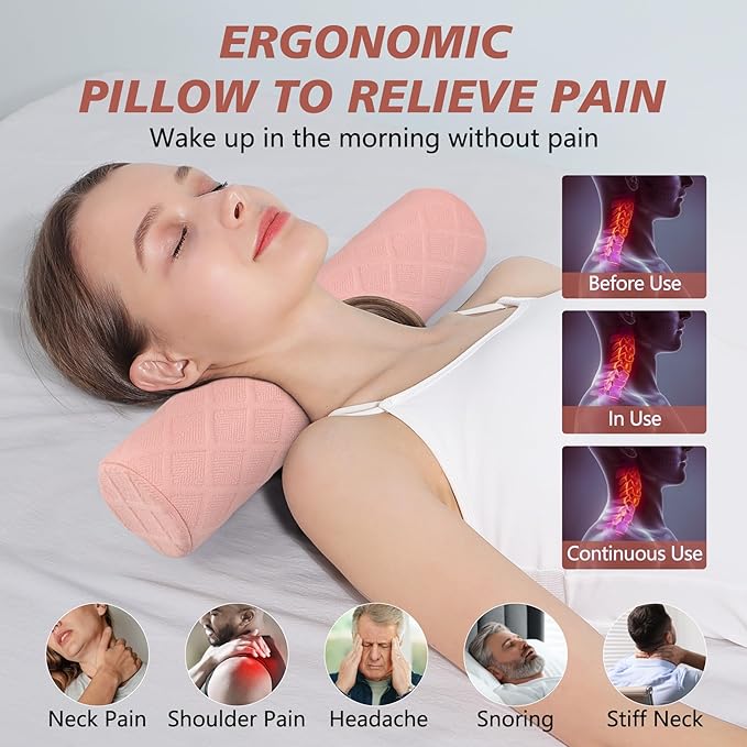 Cozyhealth Cervical Roll Pillow, Medium Soft Memory Foam Neck Round Pillow Cylinder Bolster Pillow for Sleeping, Round Neck Support for Bed, Legs, Back and Yoga (Pink, Medium - 3.9" H)