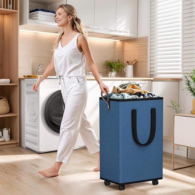 Laundry Basket with Wheels, Collapsible Laundry Baskets, Laundry Hamper with Handles Detachable Wheels, Rolling Laundry Basket, Dirty Clothes Hamper for Bathroom, Dorm, Bedroom, Navy, 80L