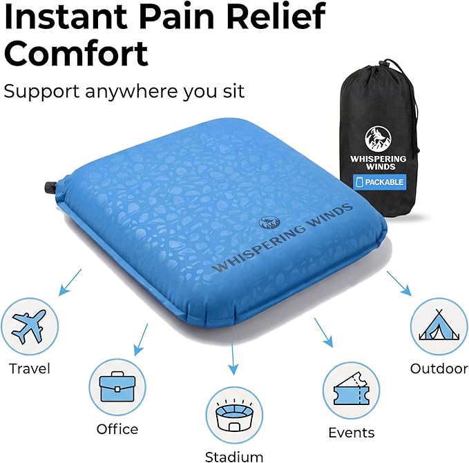 Whispering Winds Inflatable Seat Cushion - Comfortable Blow-up Foam Pad for Airplane, Travel, Stadium, Outdoors, Camping, Car & More