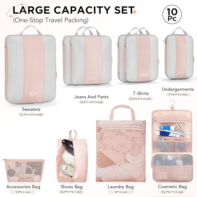 10 Set Compression Packing Cubes for Travel Gifts Women Mom,OlarHike Luggage Clothes Organizer for Travelers,Airplane/Cruise/Car/Train Travel Essentials,Compressible Expandable Saver Space Bags(Beige)