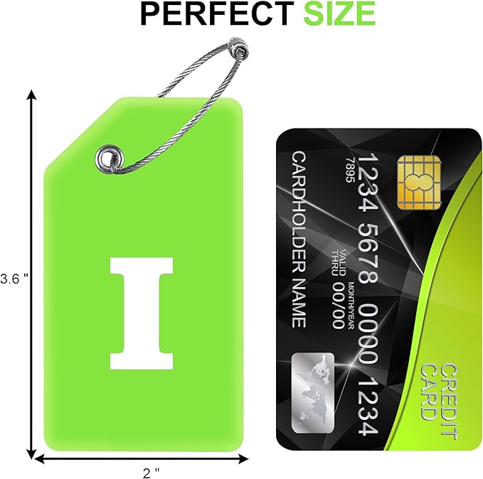 Gostwo 2 Pack Silicone Luggage Tags for Suitcases, 26 Initial Letter Baggage Labels Handbag School Bag Suitcase Instrument Tag with Stainless Steel Loop(Green)(Letter I)