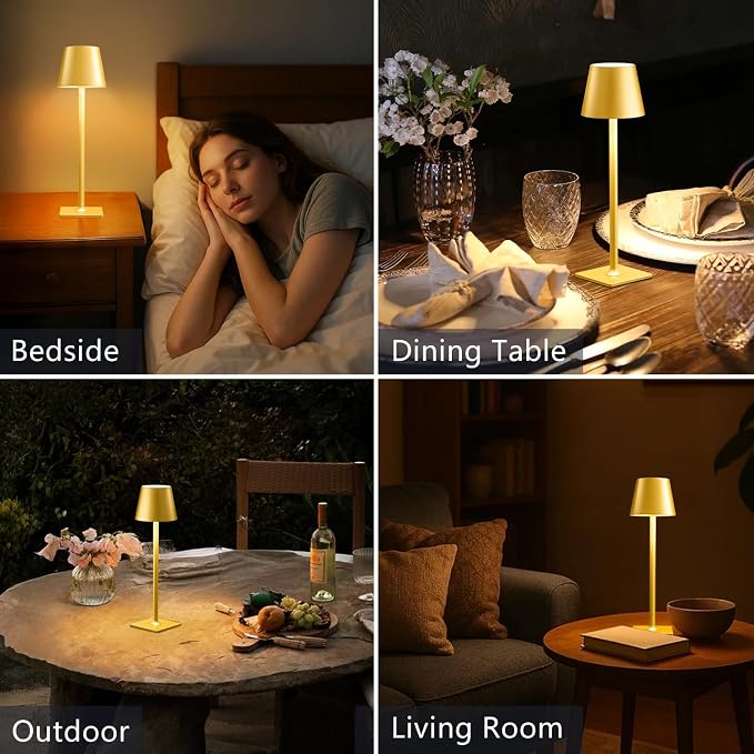Yogaret Gold Rechargeable Cordless Table Lamp, Battery Operated, 2 Pack | 6000mAh battery lamps waterproof wireless portable design for outdoor patio, dining tables, kitchens, restaurants home bar