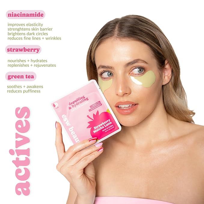 ESW Beauty Strawberry Matcha Latte Under Eye Patches (5-Pack) – Depuffing & Hydrating – Vegan Hydrogel with Green Tea for Refreshing, Nourished Under Eyes