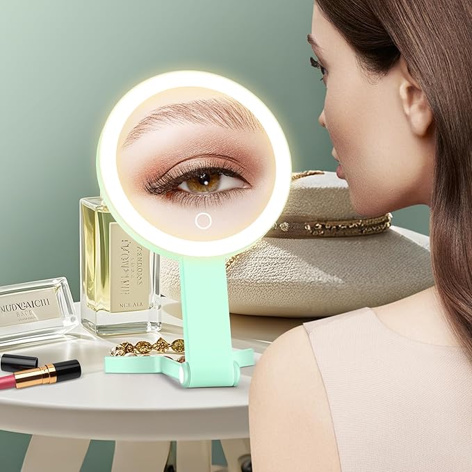 MIYADIVA Lighted Makeup Mirror, 30X Magnifying Mirror with Light, Hanging and Handheld Mirror with Handle, Green