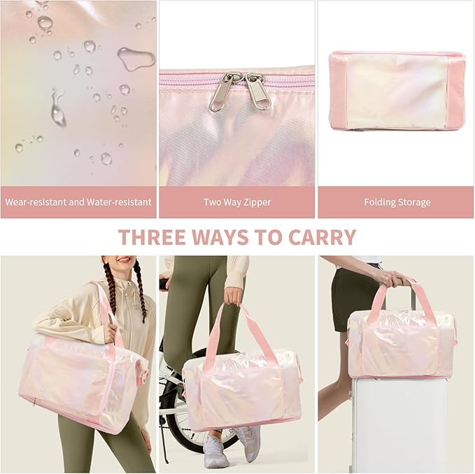 IwIeIaIrI Weekender Overnight Bags for Women Men,Waterproof Lightweight Foldable Gym Duffel Dance Bag for Girls Kids Women Weekend Travel with Laser Color (Pink)