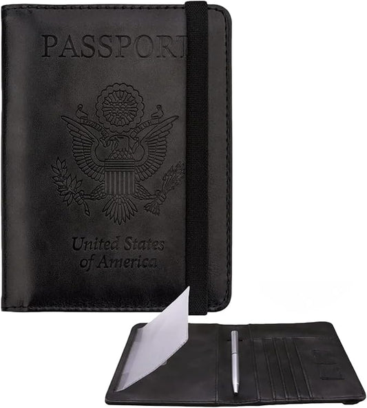 WALNEW Passport Holder for Travel, RFID Passport Cover Wallet for Women Men, PU Leather Passport Book Card Holder Case with Pen (Upgraded, Upgraded-Black)