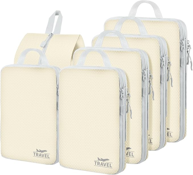 6 Set Compression Packing Cubes, Suitcase Organizer, Lightweight Travel Essentials, Compression Bags For Travel Accessories Luggage Storage Set (6Pcs, Beige)