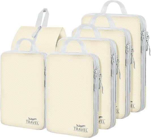 6 Set Compression Packing Cubes, Suitcase Organizer, Lightweight Travel Essentials, Compression Bags For Travel Accessories Luggage Storage Set (6Pcs, Beige)