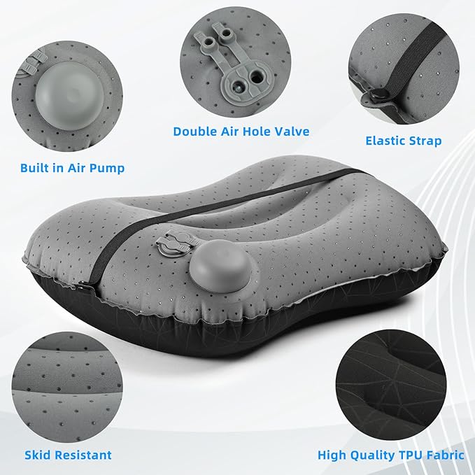 Camping Pillow with Built in Pump - Inflatable Pillow - Travel Pillows for Backpacking & Airplane, Lumbar Support Blow Up Compressible Pillow (Black (with Pump))