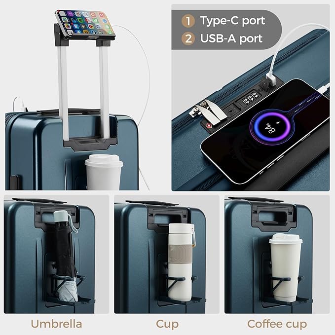 Carry on Luggage Top opening Suitcases, Expandable with Cup Holder and USB Charging Port,Lightweight with Front Pocket Rolling Suitcases with Spinner Wheels