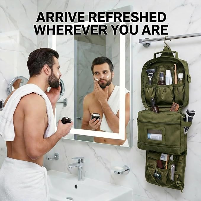 Mens Toiletry Travel Bag, Tactical Toiletry Bag for Men, Bathroom Hanging Travel Toiletry Bag for Men Shaving Hygiene Bag Travel Toiletry Organizer Short Trips Bag, Green