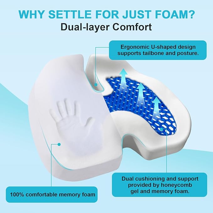 Car Seat Cushion for Long Sitting - X Large Premium Gel & Memory Foam Office Chair Cushion for Back,Sciatica,Coccyx,Tailbone Pain Relief, Driver Pillow for Auto, Gaming,Desk, Wheelchair,Truck (Black)