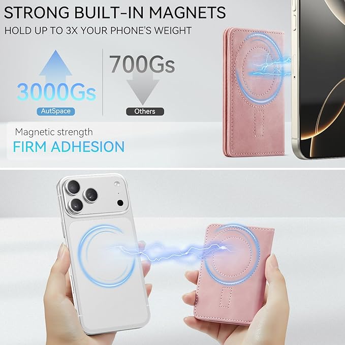 Vinich for MagSafe Wallet Magnetic RFID Blocking Card Holder Compatible with MagSafe Phones and Cases, Strong Magnet Minimalist Phone Wallet for iPhone 17/16/15/14/13/12/ Pro/Max/Plus, Rose Pink