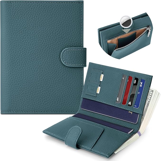 Genuine Leather Passport Holder for Women Men, Hidden Airtag Pocket, RFID Blocking, Zippered Coins Pocket & Cash Compartment Travel Gifts Essentials Passport Cover Case - Navy blue