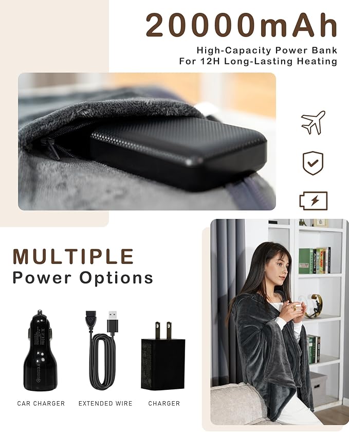 Cordless Heated Blanket Battery Powered; USB Wearable Portable Heated Throw Blanket with Hood, 20000 mAh Battery, 9 Heating Zone, 3-Level; Portable Heated Shawl Cordless; Camping (Warm Stone Gray)