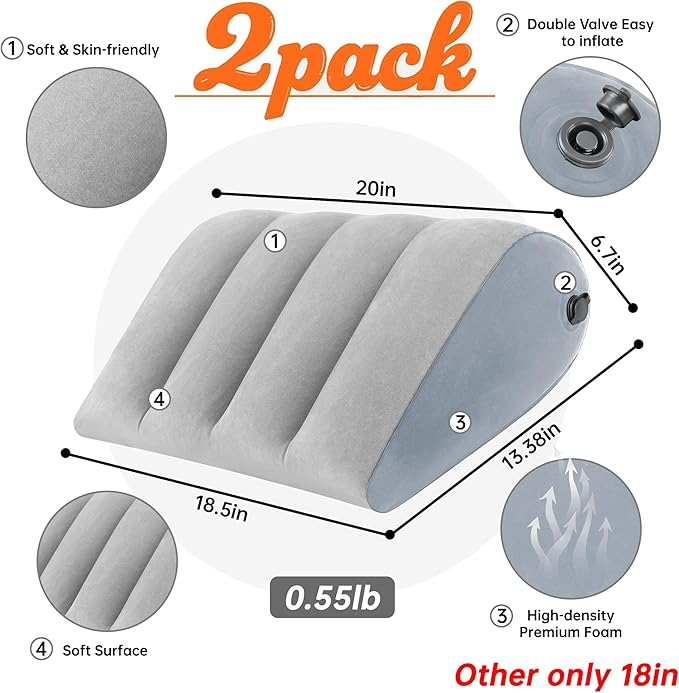 2 Pack Portable Inflatable Wedge Pillow,Body Positioner for Sleep Support, Adjustable Travel Pillow - Lightweight Bed/Leg Support Pillow, Fast Inflation，for Home Outdoor Travel